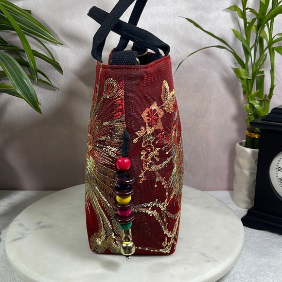 Hand Designed Red & Black Bag w/Peacock Embellishment - Picture 10 of 13
